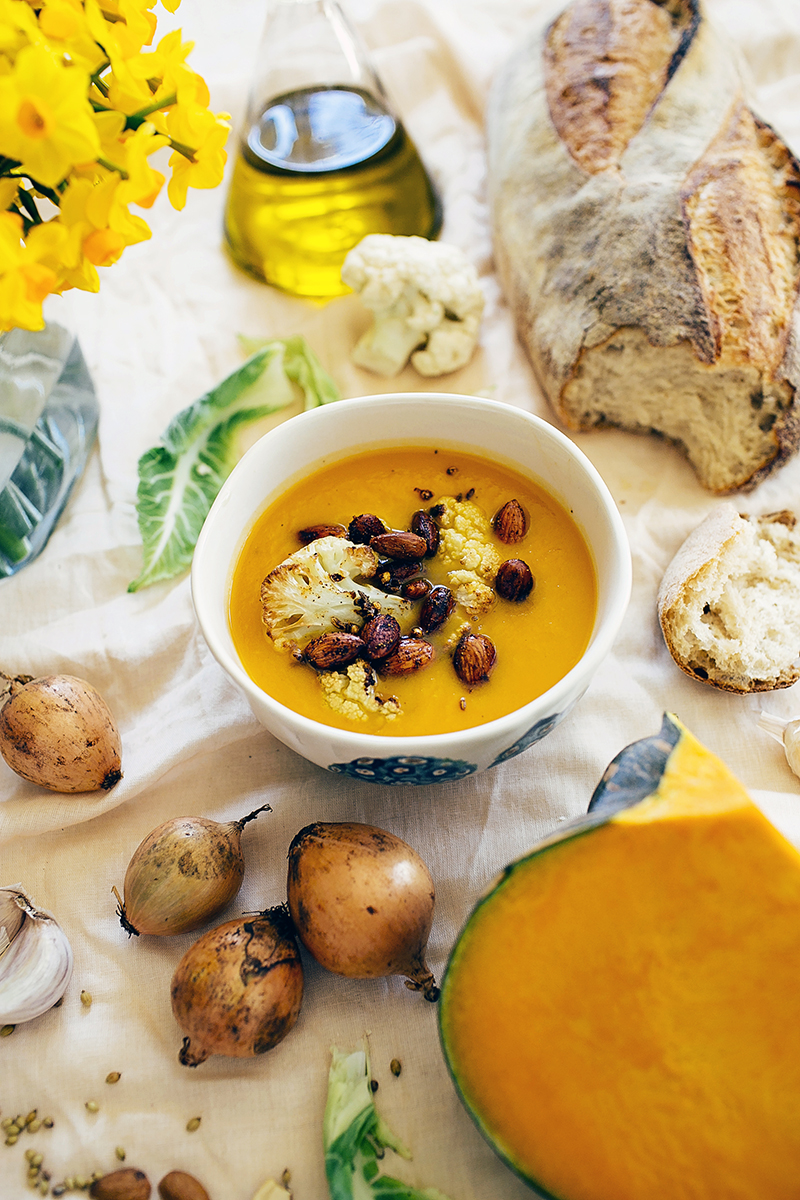 Pumpkin soup roasted cauliflower spiced almonds recipe